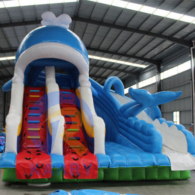 Draagbare PVC 0,55 mm tralies opblaasbare waterslide met zwembaden en zwembadballenspeelgoed