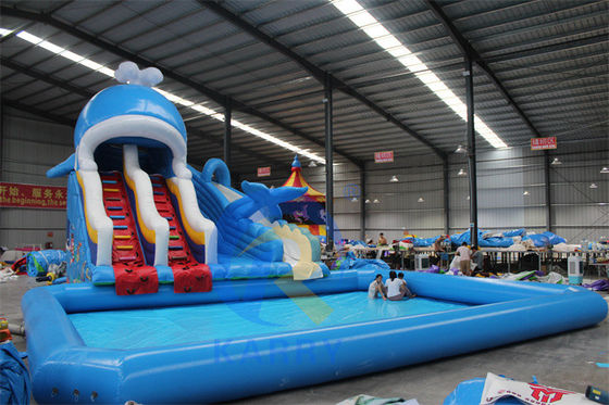 Draagbare PVC 0,55 mm tralies opblaasbare waterslide met zwembaden en zwembadballenspeelgoed