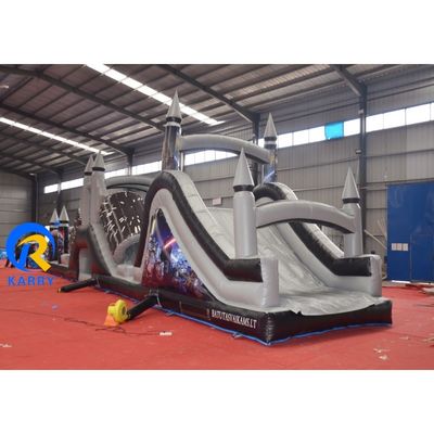 Kenmerken PORTABLE Zwarte en grijze opblaasbare hindernisbaan met blazer 18x3.5m aangepast