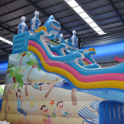 Opblaasbare zwembadglijbanen voor kinderen Dubbele baan Haaienontwerp Commerciële PVC-waterglijbaan