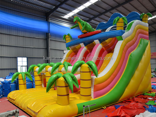 Outdoor Park Game 2-Lane Tropische Palm PVC opblaasbare Dinosaurus Spring Bounce Slide