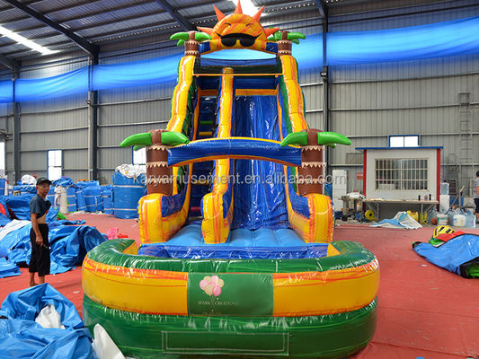 32ft Jumbo Palm Tree opblaasbare zonnewaterglijbaan met kinderen spelen zwembad en sprongglijbaan