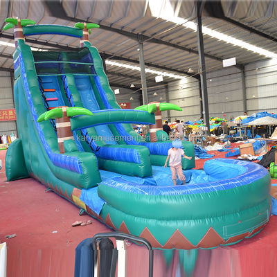 29ft Tropical Jump Waterslide Pool Commerciële achtertuin Big Palm Water Slide met zwembad