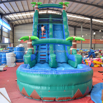 29ft Tropical Jump Waterslide Pool Commerciële achtertuin Big Palm Water Slide met zwembad