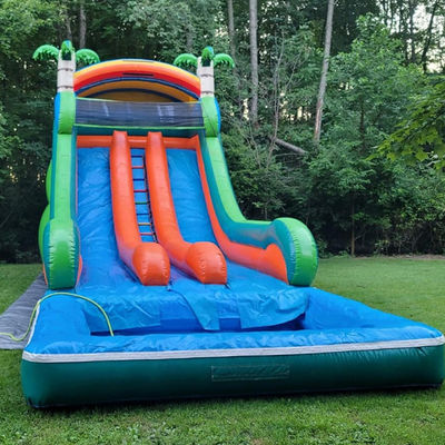 Commerciële opblaasbare waterslide met dubbele baan en tropisch palmboomthema