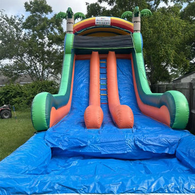 Commerciële opblaasbare waterslide met dubbele baan en tropisch palmboomthema