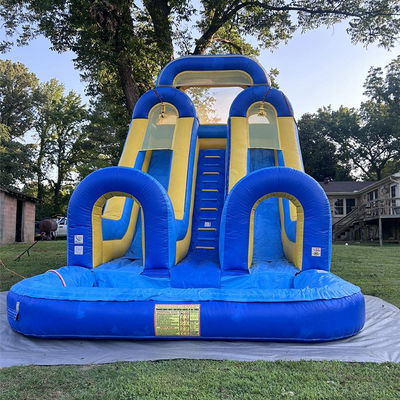 Grote kinderen Splash Pool Fun PVC Double Lane Waterglijbaan opblaasbaar met aangepaste grootte