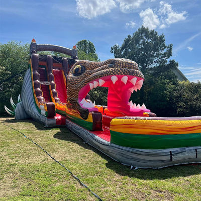 Op maat gemaakte PVC opblaasbare springglijbaan Jurassic Dinosaurus thema Waterglijbaan met zwembad