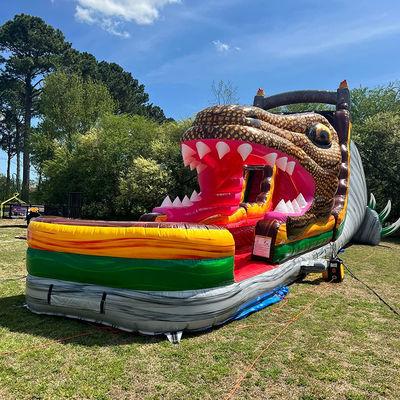 Op maat gemaakte PVC opblaasbare springglijbaan Jurassic Dinosaurus thema Waterglijbaan met zwembad
