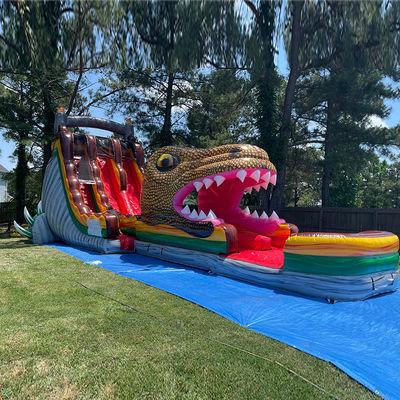 Op maat gemaakte PVC opblaasbare springglijbaan Jurassic Dinosaurus thema Waterglijbaan met zwembad