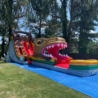 Op maat gemaakte PVC opblaasbare springglijbaan Jurassic Dinosaurus thema Waterglijbaan met zwembad