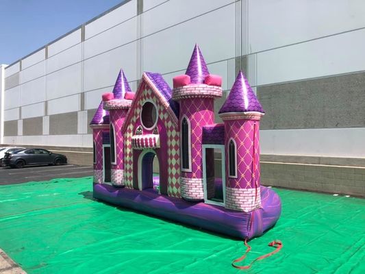 Outdoor speeltuin Custom PVC opblaasbaar Roze kasteel achtergrond voor verjaardag / trouwfeest