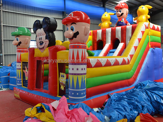 Blower Opblaasbare Fun City met Mickey en Mario Opblaasbare Kasteel Bouncer House Combo Playground Blower Inclusief