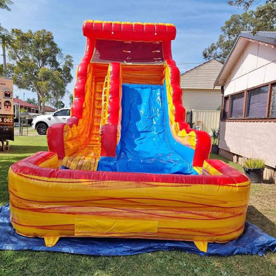 Gepersonaliseerd logo Commercieel PVC waterpark Gele Marmeren opblaasbare glijbaan met zwembad