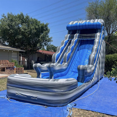 Outdoor Commerciële Verhuur Grijze Marmer PVC Blauwe Waterglijbaan met zwembad en springbal