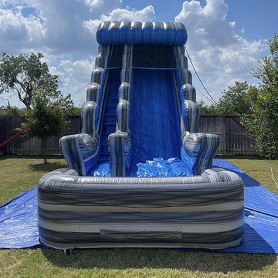 Outdoor Commerciële Verhuur Grijze Marmer PVC Blauwe Waterglijbaan met zwembad en springbal