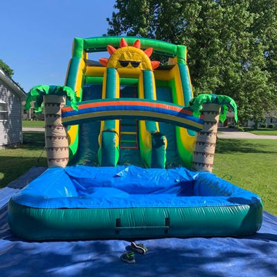 Outdoor Aqua Fun Commercieel PVC Zonne-thema Opblaasbare waterslide met zwembad met twee rijstroken