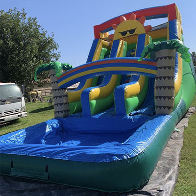 Outdoor Aqua Fun Commercieel PVC Zonne-thema Opblaasbare waterslide met zwembad met twee rijstroken