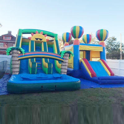 Outdoor Aqua Fun Commercieel PVC Zonne-thema Opblaasbare waterslide met zwembad met twee rijstroken