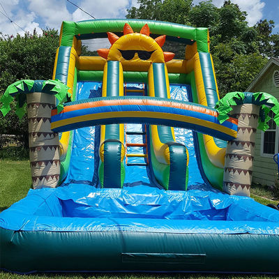 Outdoor Aqua Fun Commercieel PVC Zonne-thema Opblaasbare waterslide met zwembad met twee rijstroken