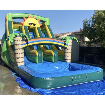 Outdoor Aqua Fun Commercieel PVC Zonne-thema Opblaasbare waterslide met zwembad met twee rijstroken