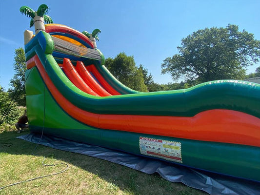 Maximale capaciteit 100-500 kg Dual Lane opblaasbaar waterpark met zwembad en palmbomen glijbaan