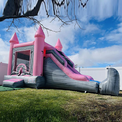 Roze en grijs Kinderschloss Opblaasbaar springhuis Glijbaan Combo Pool Partij Huur