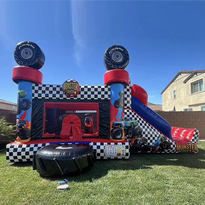 Unisex rode monster truck thema opblaasbare bounce huis combo glijbaan voor kinderen feesttijd