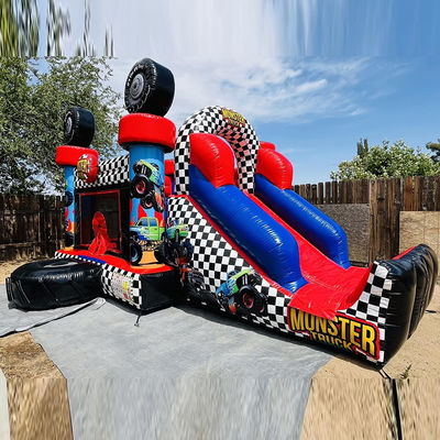 Unisex rode monster truck thema opblaasbare bounce huis combo glijbaan voor kinderen feesttijd
