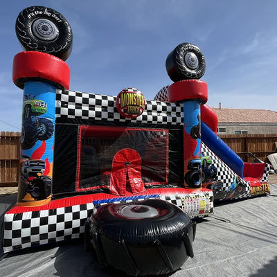 Unisex rode monster truck thema opblaasbare bounce huis combo glijbaan voor kinderen feesttijd