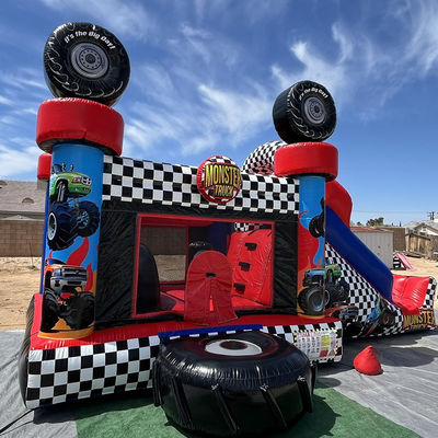 Unisex rode monster truck thema opblaasbare bounce huis combo glijbaan voor kinderen feesttijd