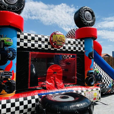Unisex rode monster truck thema opblaasbare bounce huis combo glijbaan voor kinderen feesttijd