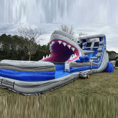 Opgestapelde grootte opblaasbare waterglijbaan met grote haaien glijbaan en zwembad