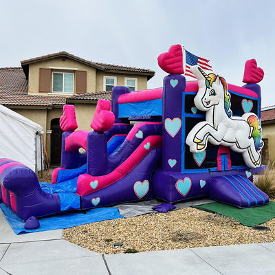 Reparatiepakketten geleverd Commercieel PVC Rainbow Unicorn Bounce House met glijbaan en zwembad