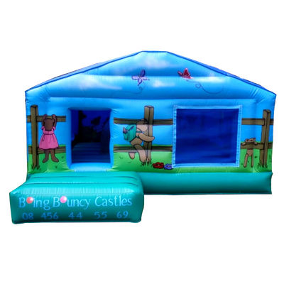 Commerciële kinderen picknick trampoline met blauwe opblaasbare springkasteel en balput