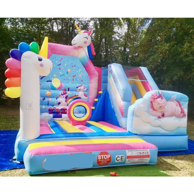 Commerciële PVC Kids Trampoline Games Regenboog Eenhoorn Opblaasbare Leuke Stad Met Glijbaan