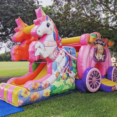 Verzendweg Zee Air Express Regenboog Eenhoorn Opblaasbare Bouncy Bouncer met glijbaan