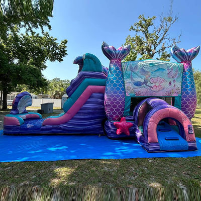 Kleurrijke zeemeermin opblaasbaar springkasteel met waterslide en zwembad feest verhuur