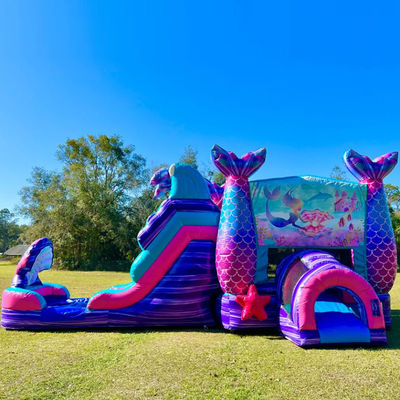 Kleurrijke zeemeermin opblaasbaar springkasteel met waterslide en zwembad feest verhuur