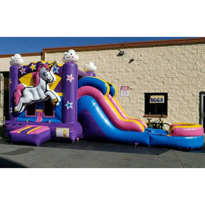 Unisex draagbaar 3D regenboog eenhoorn opblaasbaar springhuis met glijbaan en combo waterslide