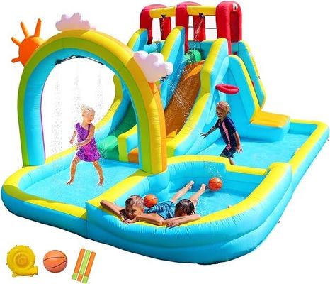Regenboog water gordijn en rotsklimmen opblaasbaar water dubbele glijbanen park spel voor kinderen