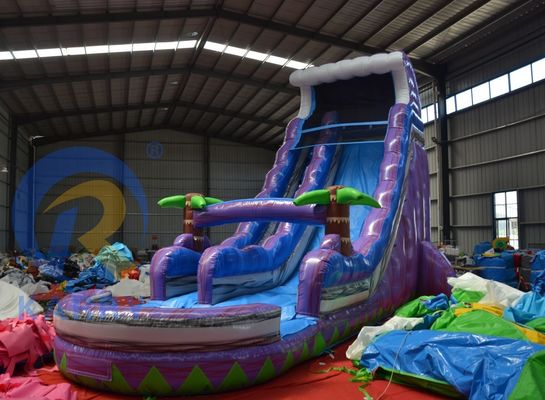 2023 Promotie Steile aardverschuiving Magic Palm Tree Water Purple Slide Opblaasbare met zwembad