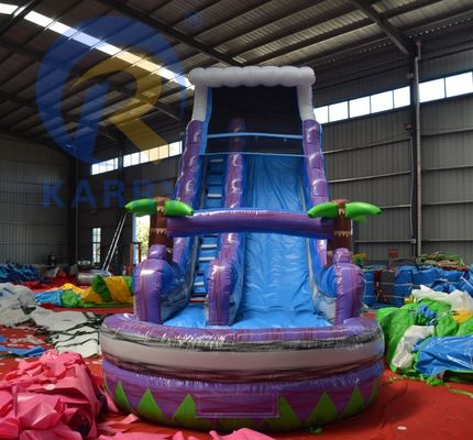 2023 Promotie Steile aardverschuiving Magic Palm Tree Water Purple Slide Opblaasbare met zwembad