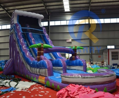2023 Promotie Steile aardverschuiving Magic Palm Tree Water Purple Slide Opblaasbare met zwembad