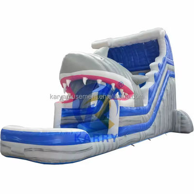 Laat je innerlijke haai los Commerciële blauwe waterslide met opblaasbare haai en zwembad
