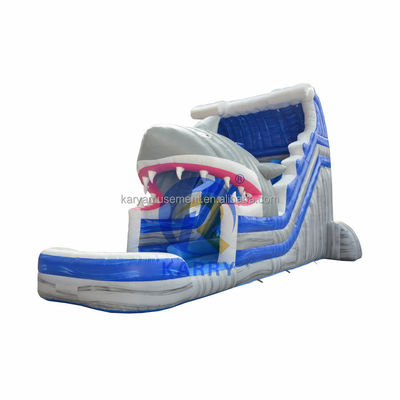 Laat je innerlijke haai los Commerciële blauwe waterslide met opblaasbare haai en zwembad