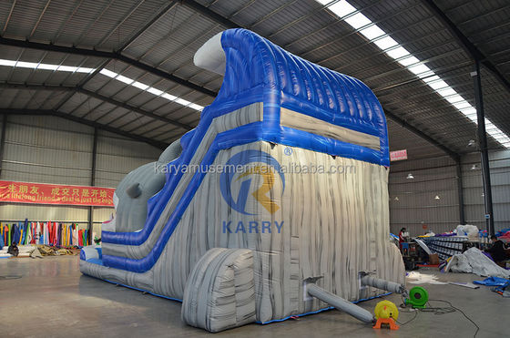 Laat je innerlijke haai los Commerciële blauwe waterslide met opblaasbare haai en zwembad