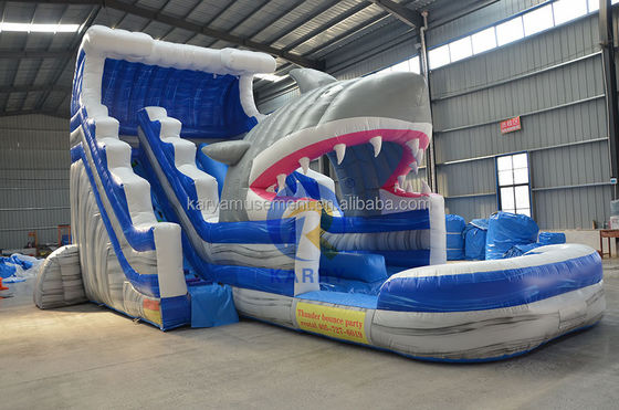 Laat je innerlijke haai los Commerciële blauwe waterslide met opblaasbare haai en zwembad