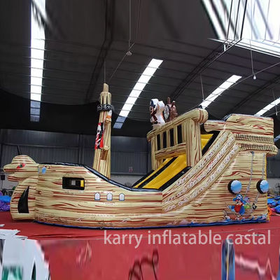 Volledig gedrukt PVC-materiaal opblaasbaar piratenschip droog glijbaan voor kinderen
