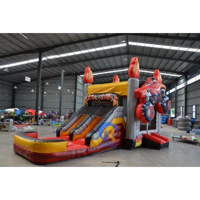 Opblaasbaar droog glijbaan zwembad combo met dubbele baan glijbaan en 3D racing thema OEM geaccepteerd